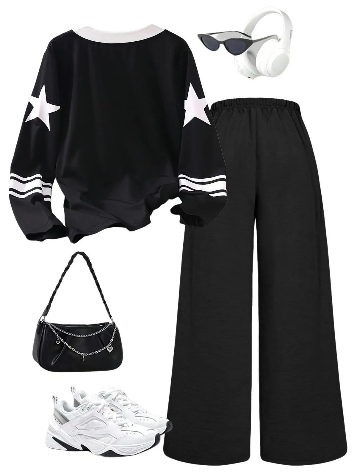 Girls' Digital-Print Long-Sleeve Top and Black Pants 2-Piece Set