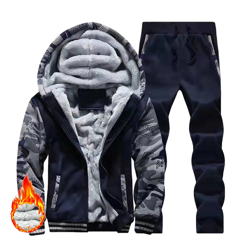 Men's Thick Warm Fleece Hooded Jacket and Pants Set