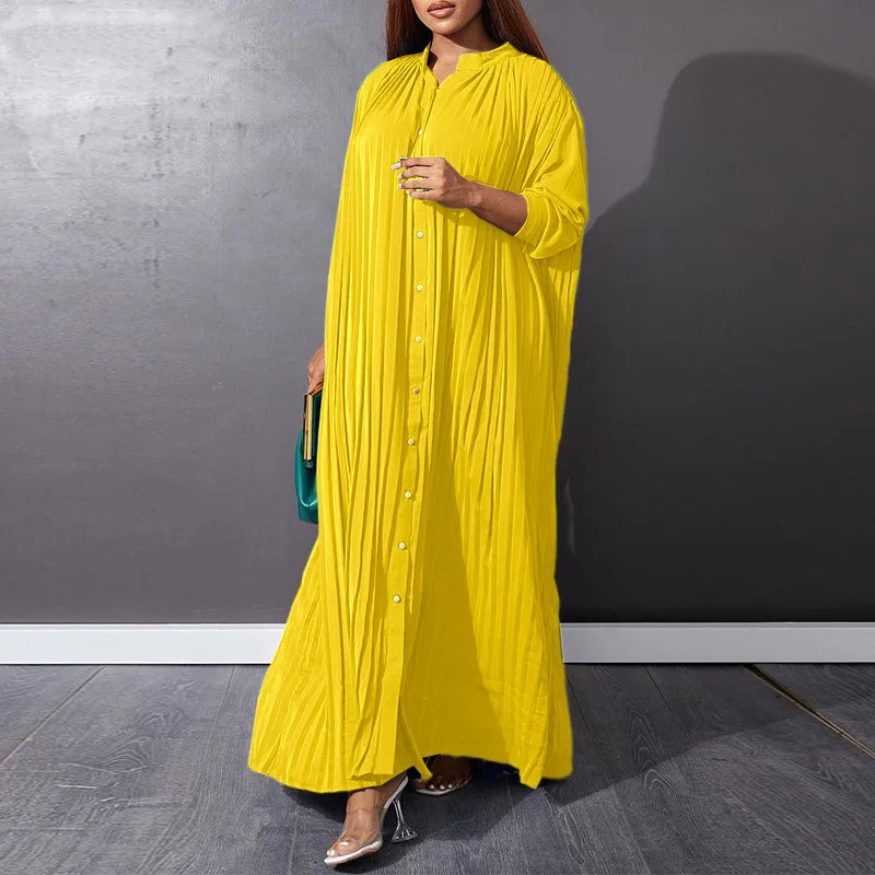 Women's Elegant Pleated Single-Breasted V-Neck Maxi Dress