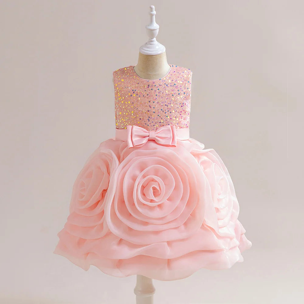 Girls' Sequin 3D Flower Tulle Party Dress