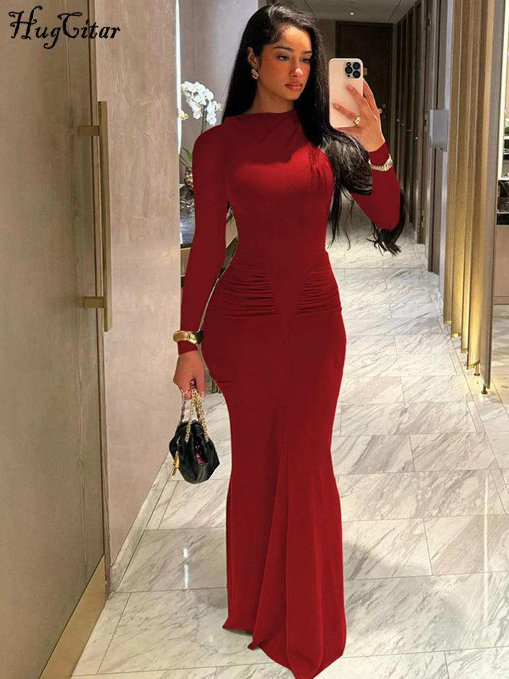 Women's Elegant Draped Long Sleeve Bodycon Maxi Dress