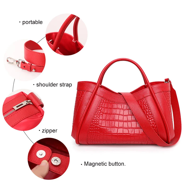Women's Crocodile Pattern Cowhide Leather Handbag Tote Bag Q1341