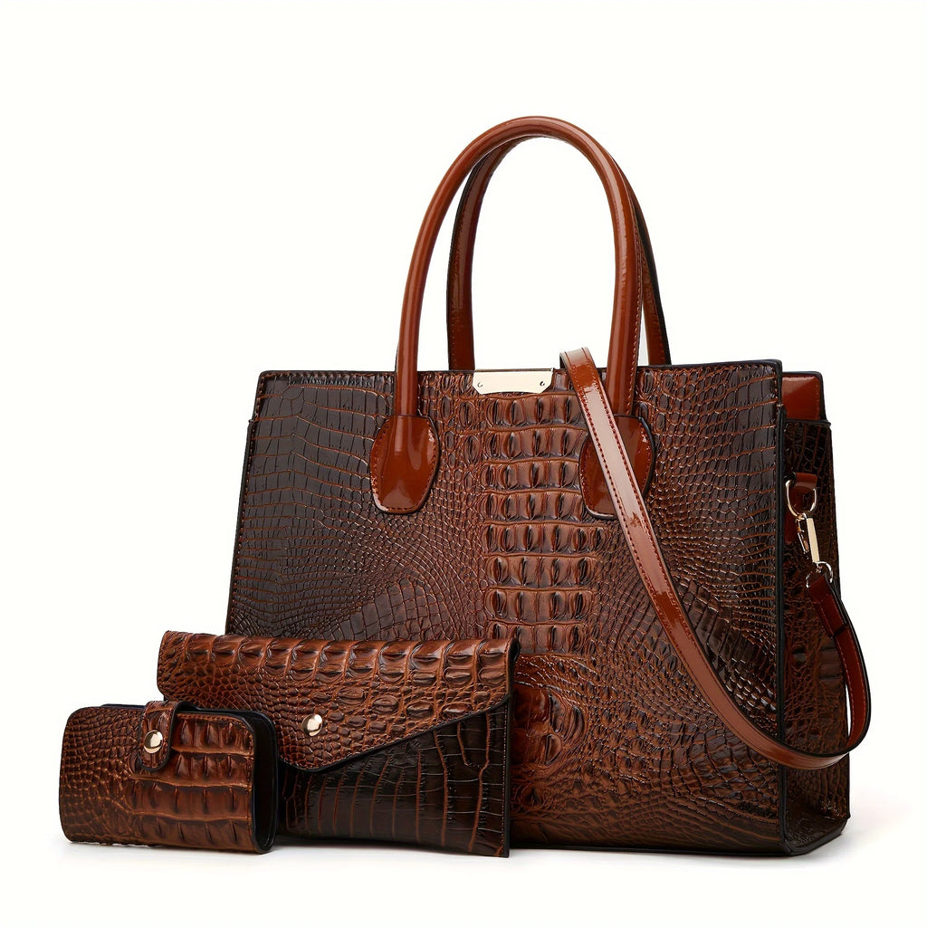 Women's Crocodile Pattern Handbag Shoulder Tote Bag Set