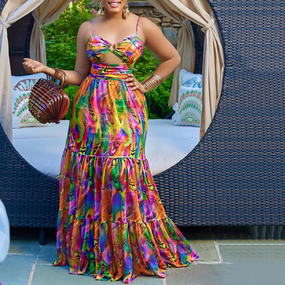 Women's Spaghetti Strap Dashiki Maxi Dress