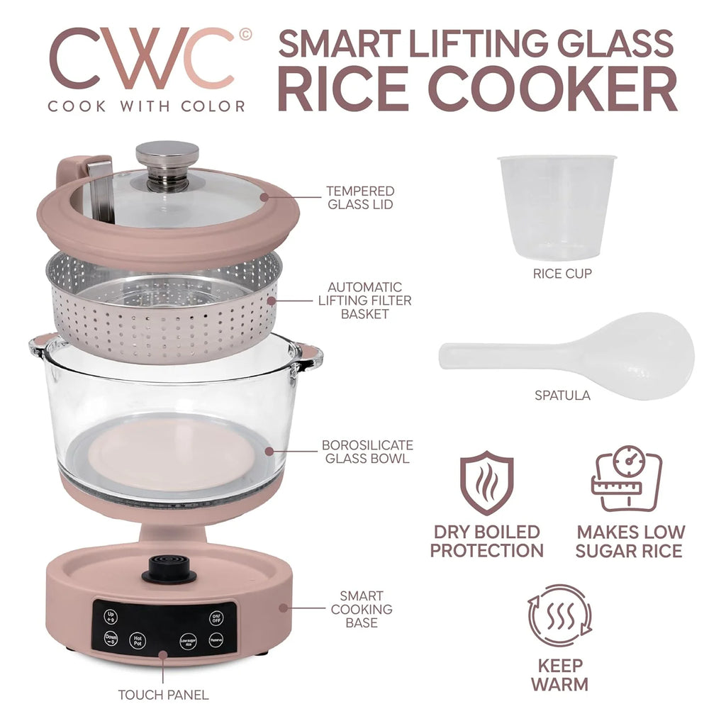 3L Glass Low Carb Rice Cooker with Auto Lift Filter Basket