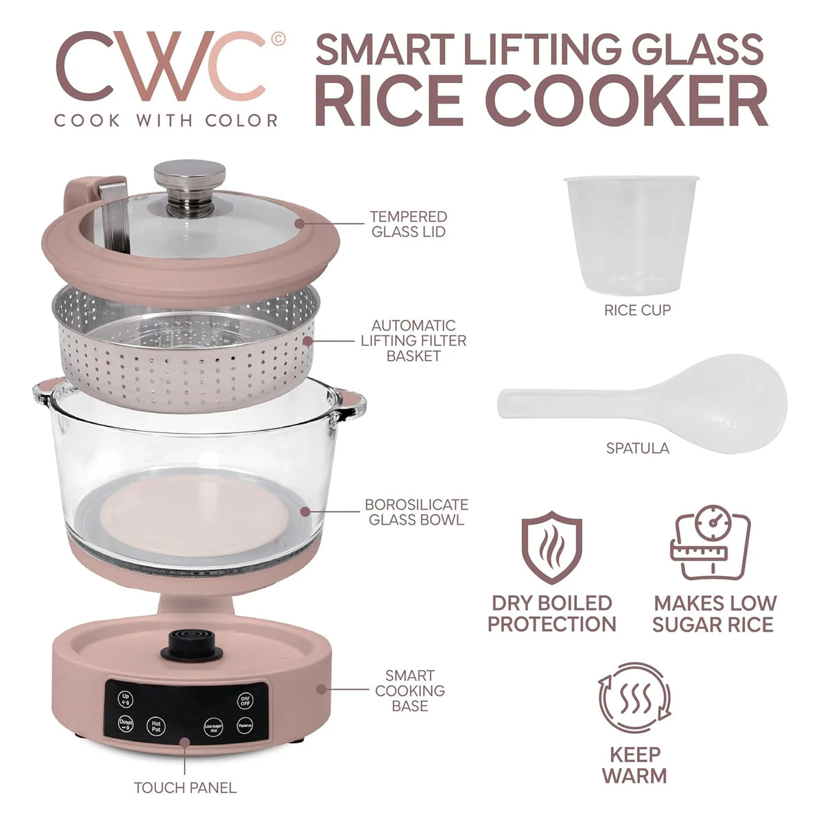 3L Glass Low Carb Rice Cooker with Auto Lift Filter Basket