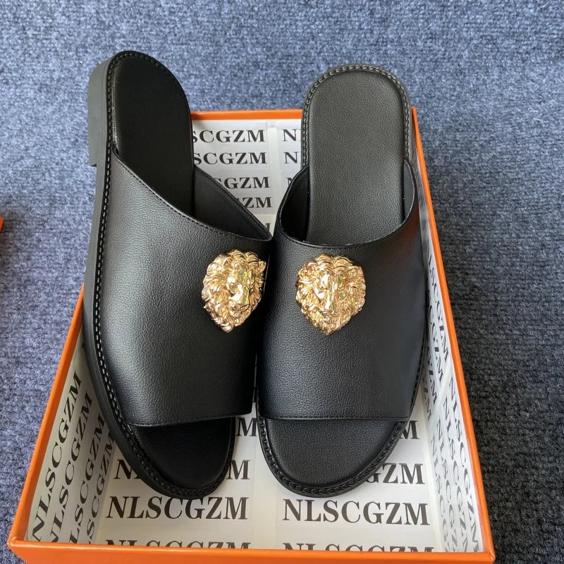 Men's Peep Toe Slip-On Slippers with Metal Decoration