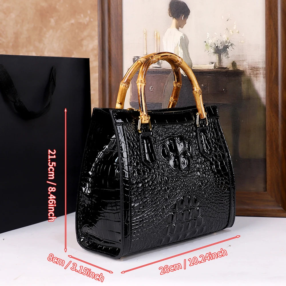 Women's Crocodile Pattern Bamboo Handle Handbag