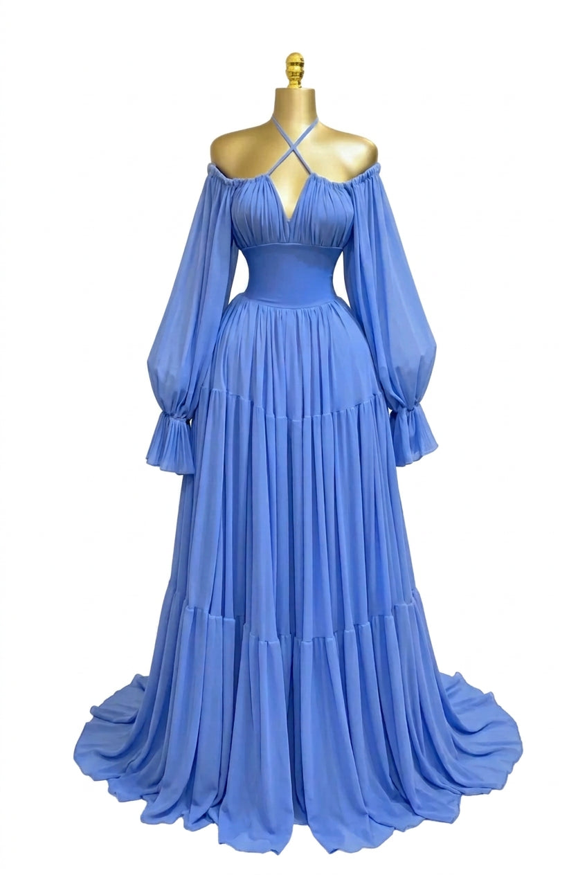 Women's Strapless Long Sleeve Belted Maxi Dress
