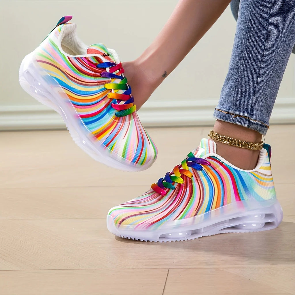 Women's Rainbow Stripe Mesh Lace-Up Casual Sneakers