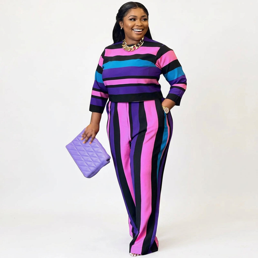 Women's Striped Crop Top and Pants Two-Piece Set 91302