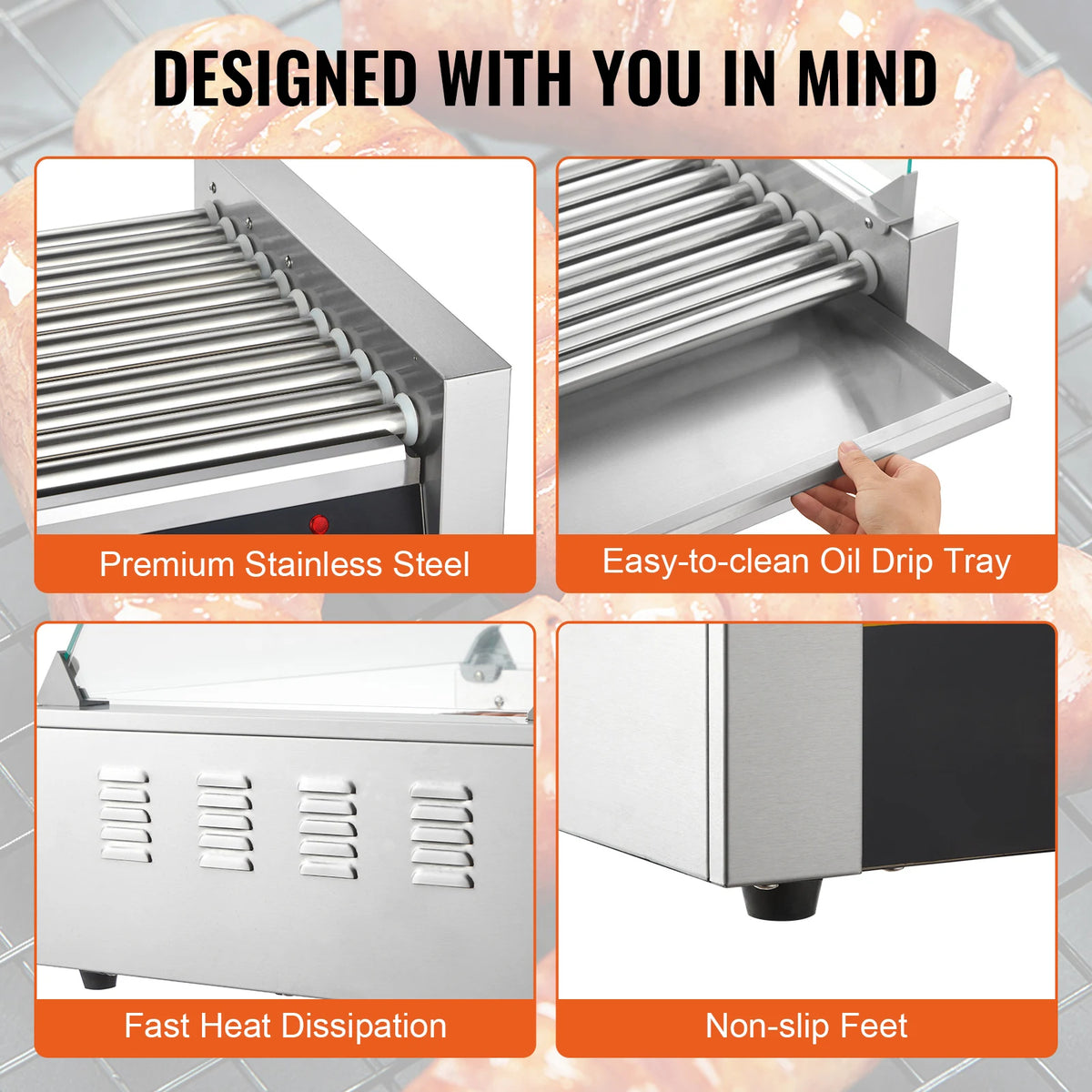 Electric Commercial Hot Dog Roller and Sausage Grill Machine 110V