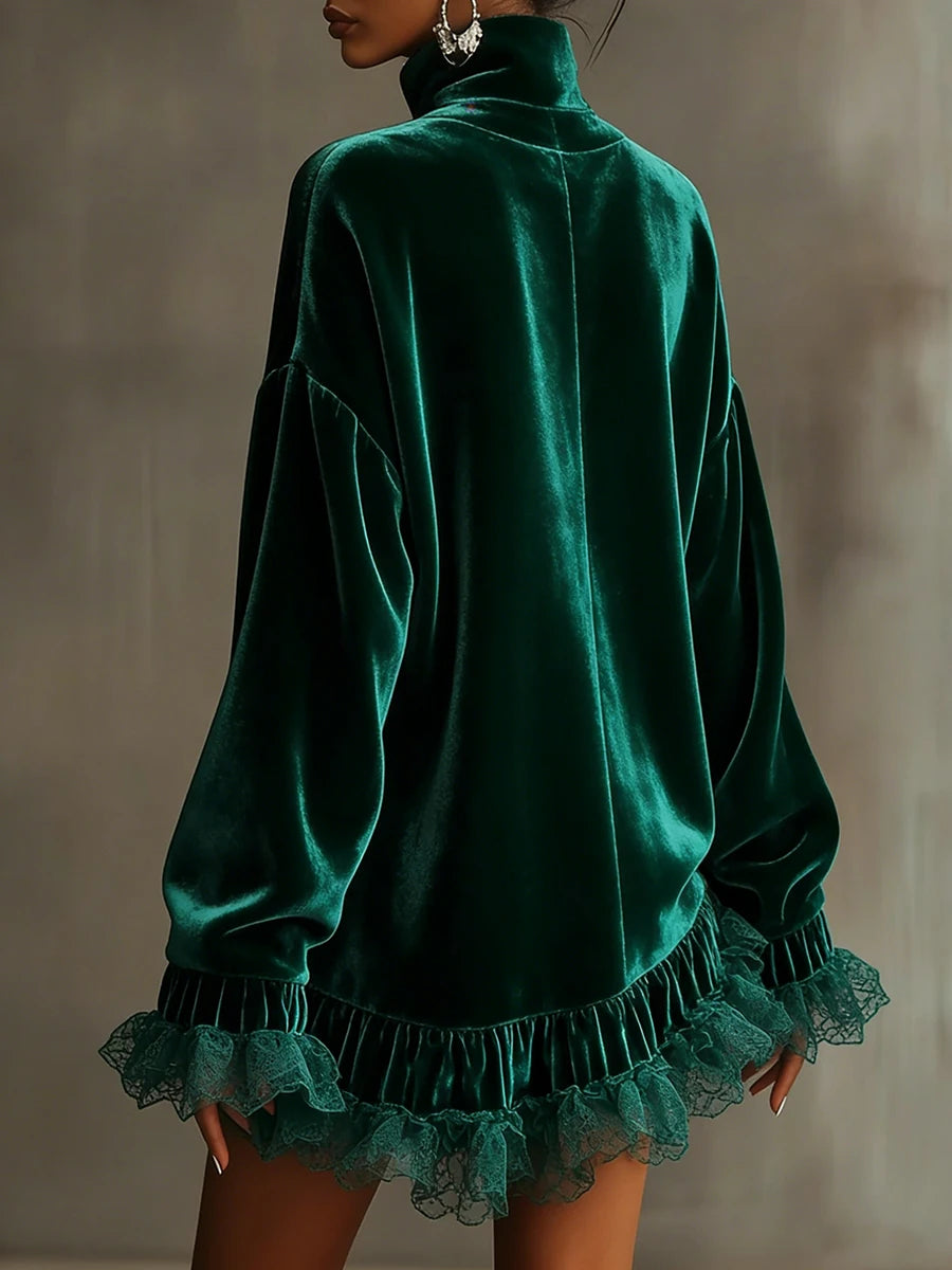 Women's Turtleneck Velvet Dress Ruffled Lace Long Sleeve Mini