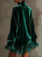 Women's Turtleneck Velvet Dress Ruffled Lace Long Sleeve Mini