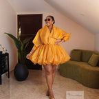Women's Organza Puff Ruched Waist Bubble Hem Mini Dress