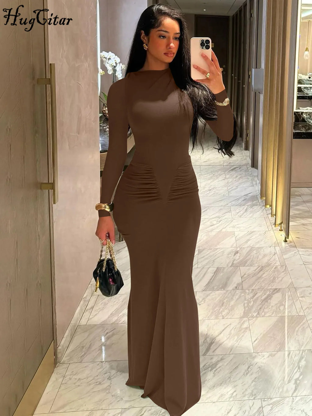 Women's Elegant Draped Long Sleeve Bodycon Maxi Dress