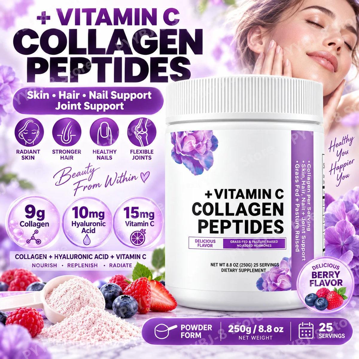 Collagen Peptides Powder Hyaluronic Acid Vitamin C Berry Flavor