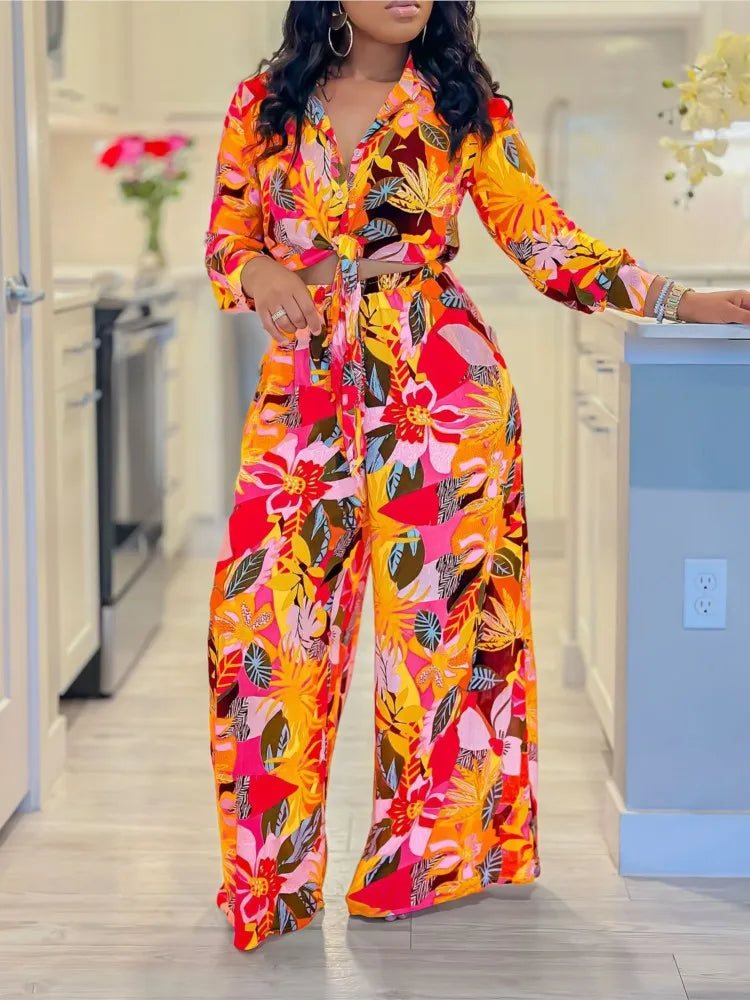 Women's Printed Long Sleeve Lace-Up Top and Straight Pants Two-Piece Set