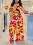 Women's Printed Long Sleeve Lace-Up Top and Straight Pants Two-Piece Set