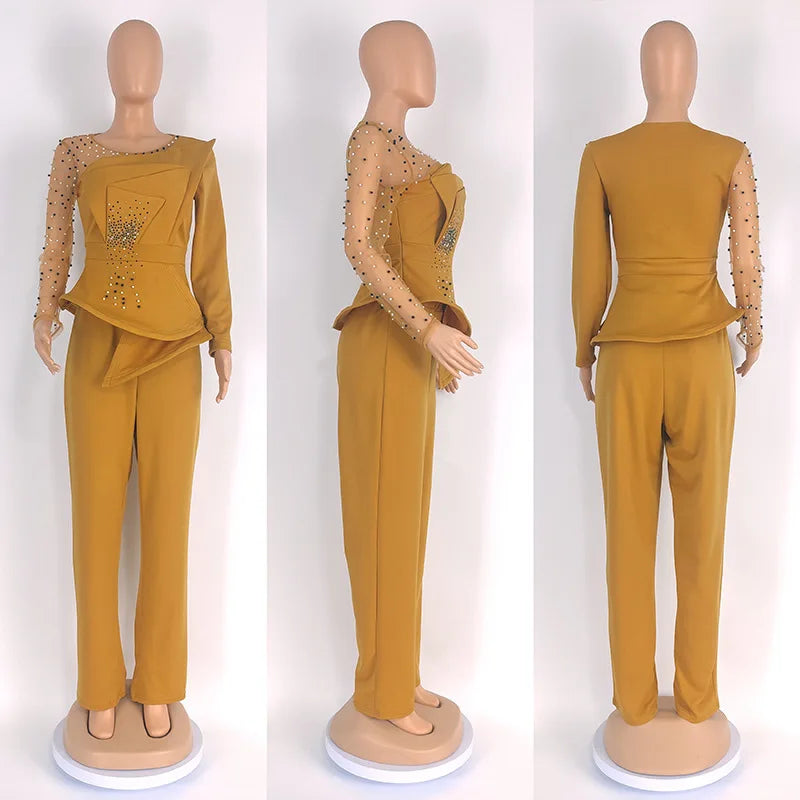 Women's Mesh Shirt and Wide Leg Pants Two-Piece Set yj129