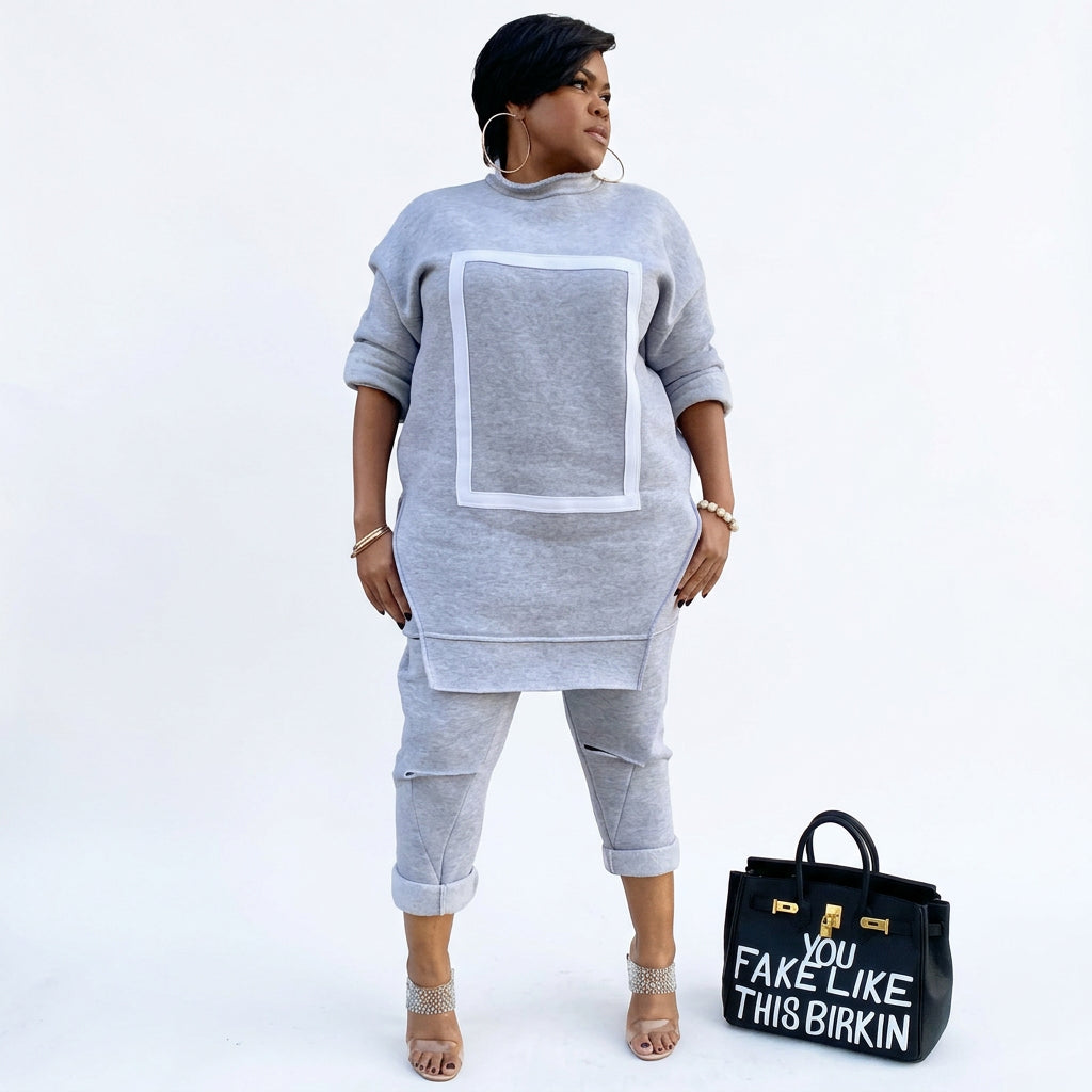 Women's Fleece Patchwork Sweatshirt and Pants Two-Piece Set GL3905