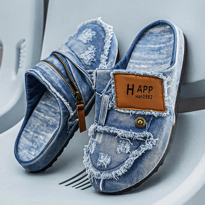 Men's Distressed Denim Slip-On Slippers