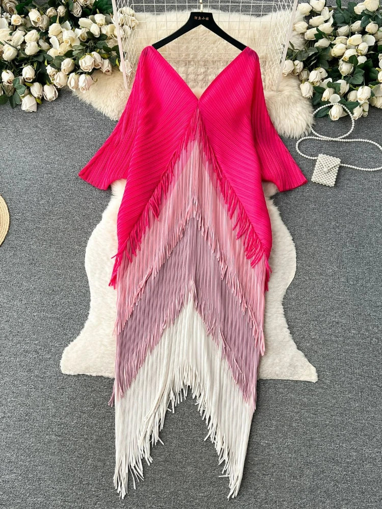 Women's Pleated Color-Block Tassel Mid-Calf Dress