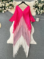 Women's Pleated Color-Block Tassel Mid-Calf Dress