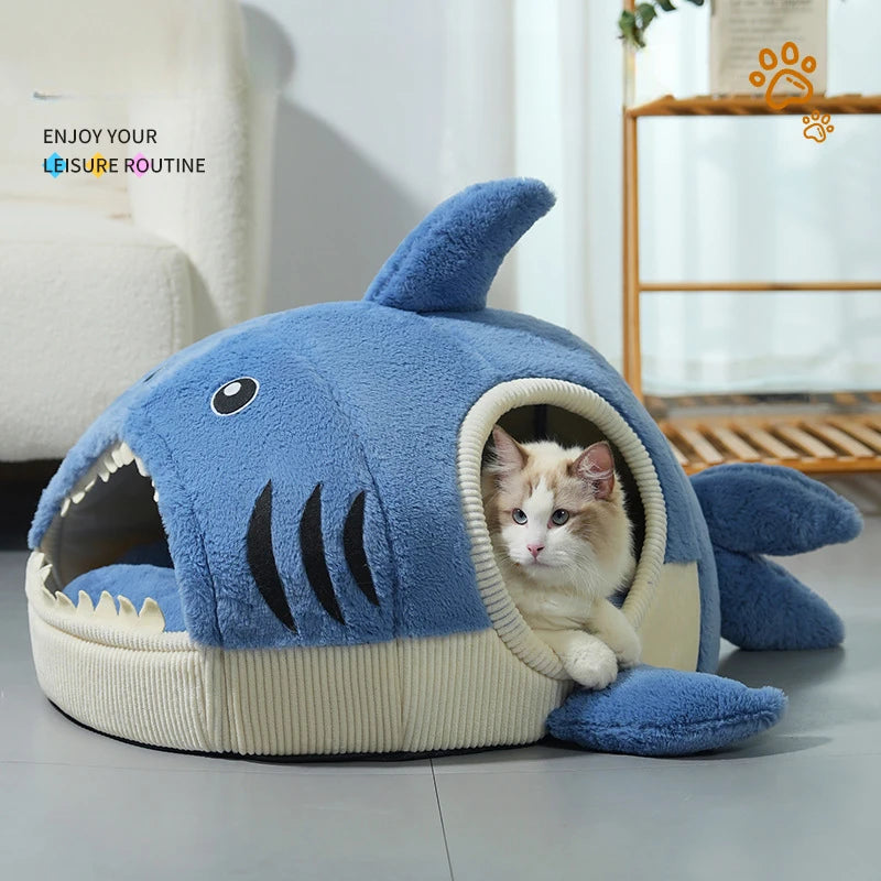 Cartoon Shark Semi Enclosed Cat Bed