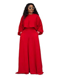 Women's Lantern Sleeve Round Neck Top and Wide Leg Pants Two-Piece Set