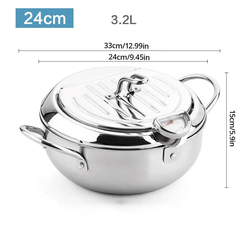 Stainless Steel Tempura Deep Fryer Pan with Thermometer and Lid