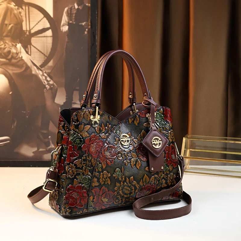 Women's Vintage Floral PU Leather Tote Crossbody Bag