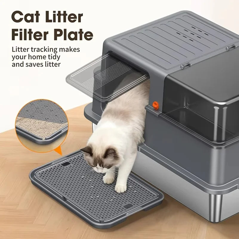 Enclosed Stainless Steel Cat Litter Box for Cats