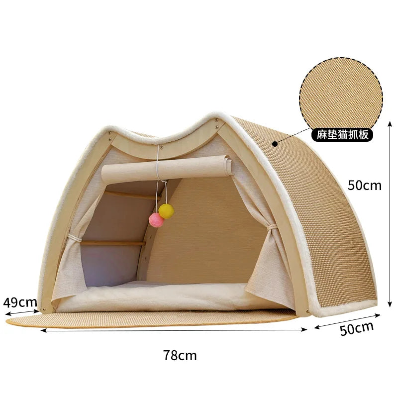 Solid Wood Enclosed Cat Villa Sisal Scratcher All Season