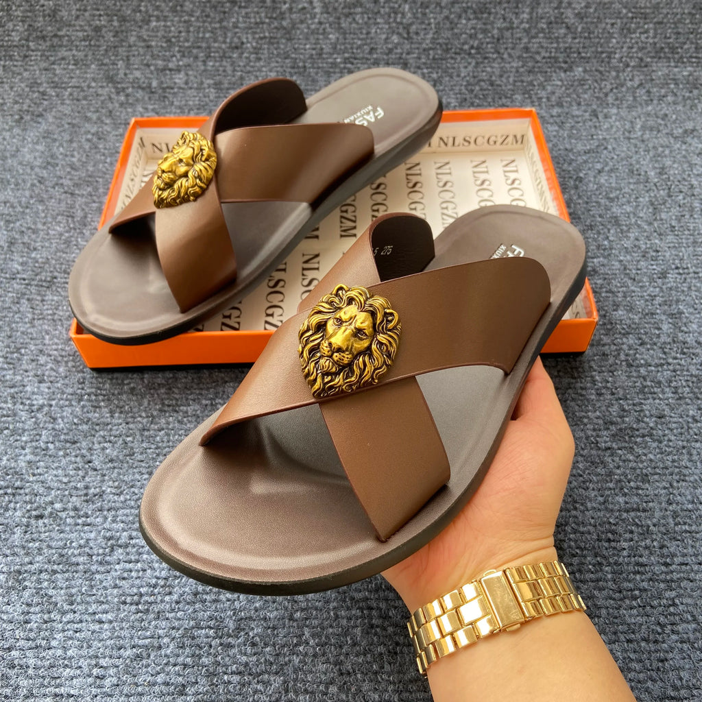 Men's PU Leather Slide Sandals with Metal Decoration
