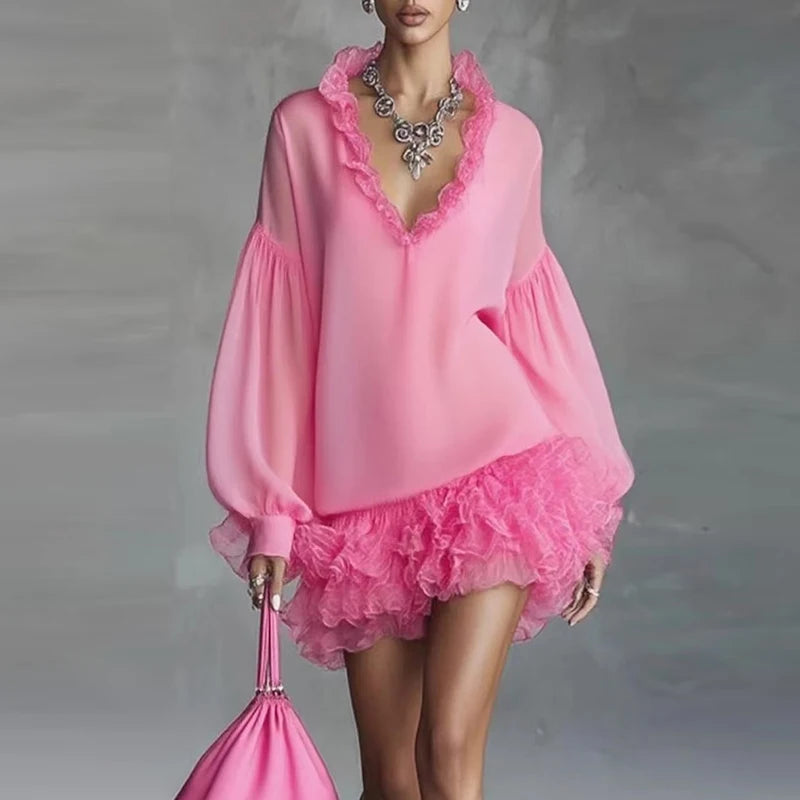 Women's Lace Trim V Neck Puff Sleeve Chiffon Mini Dress