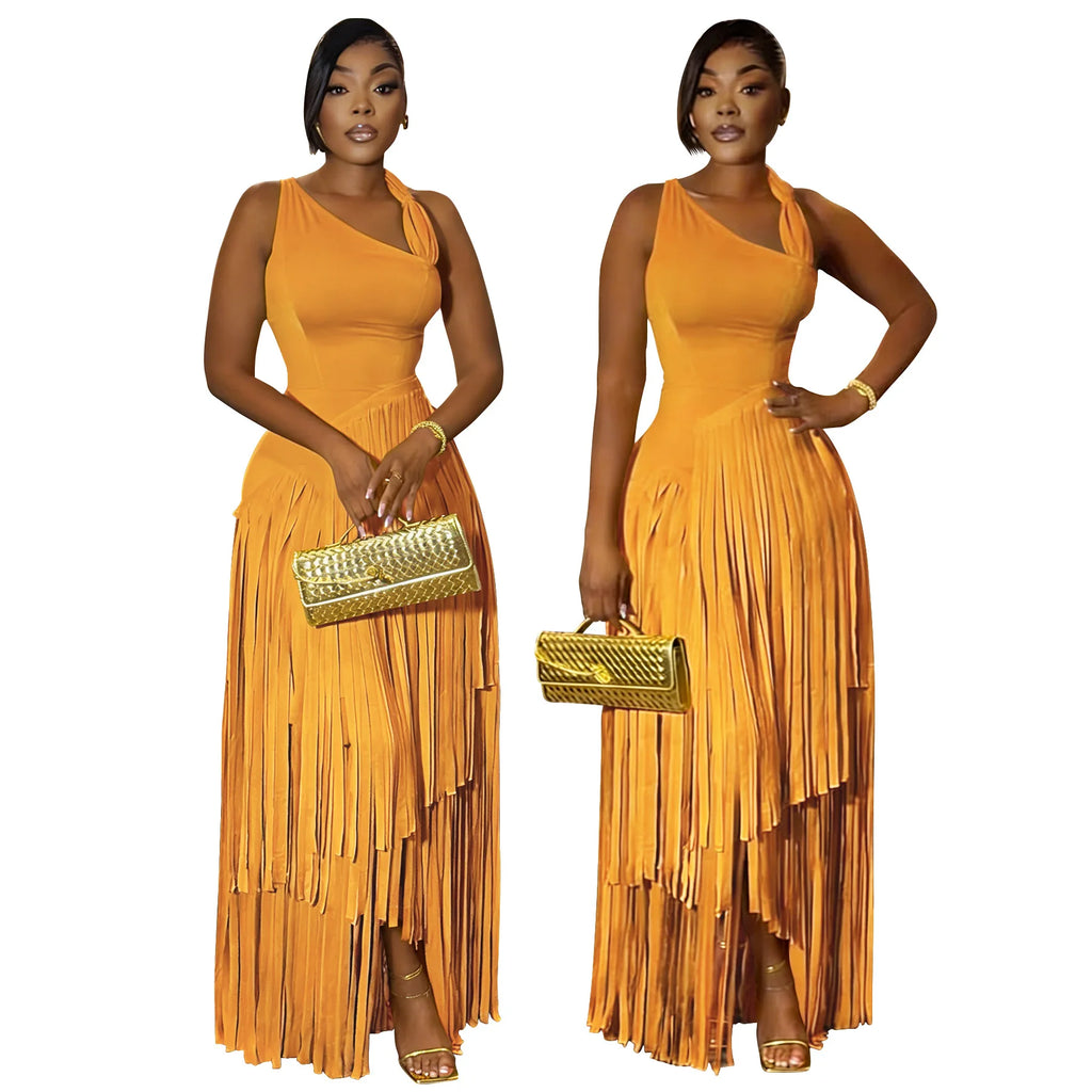 Women's Elegant Sleeveless Dashiki Tassel Maxi Dress