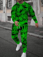Men's Faux-Zipper Print Sweatshirt and Pants Two-Piece Set