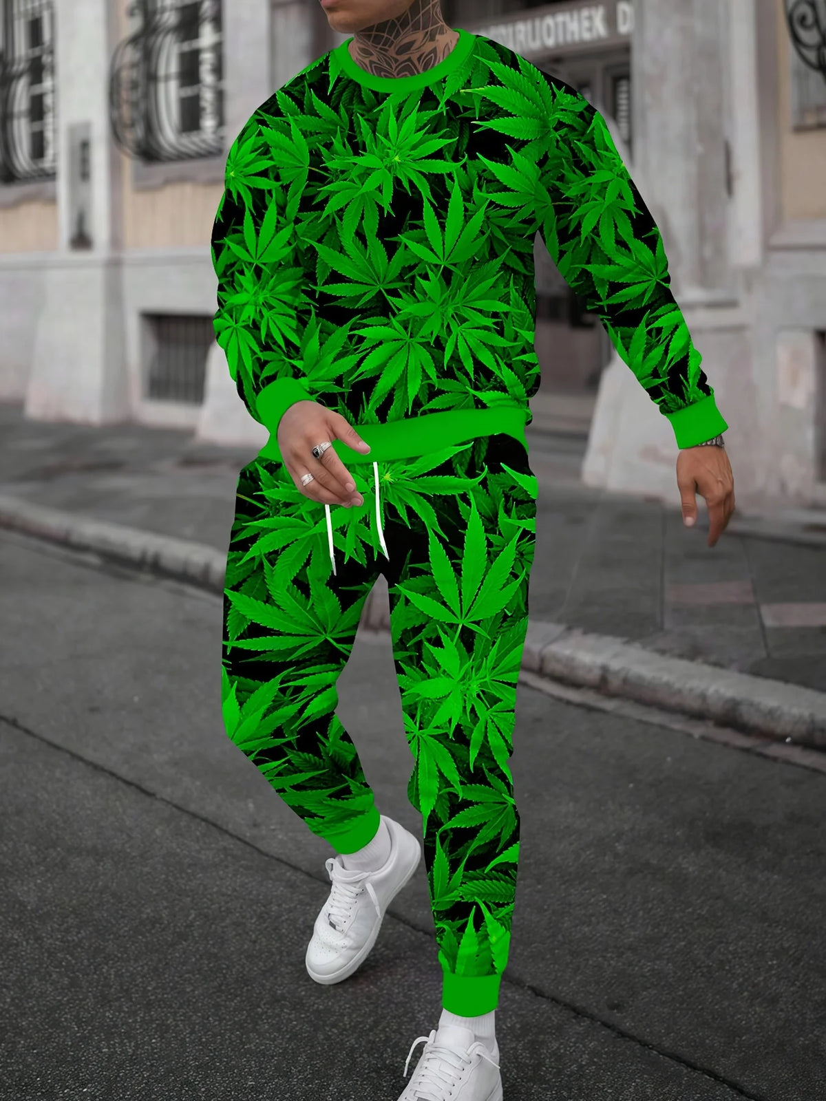 Men's Faux-Zipper Print Sweatshirt and Pants Two-Piece Set