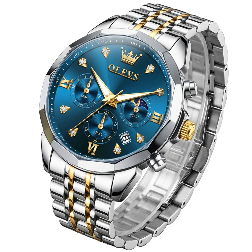 Men's Multifunctional Chronograph Quartz Watch with Moon Phase