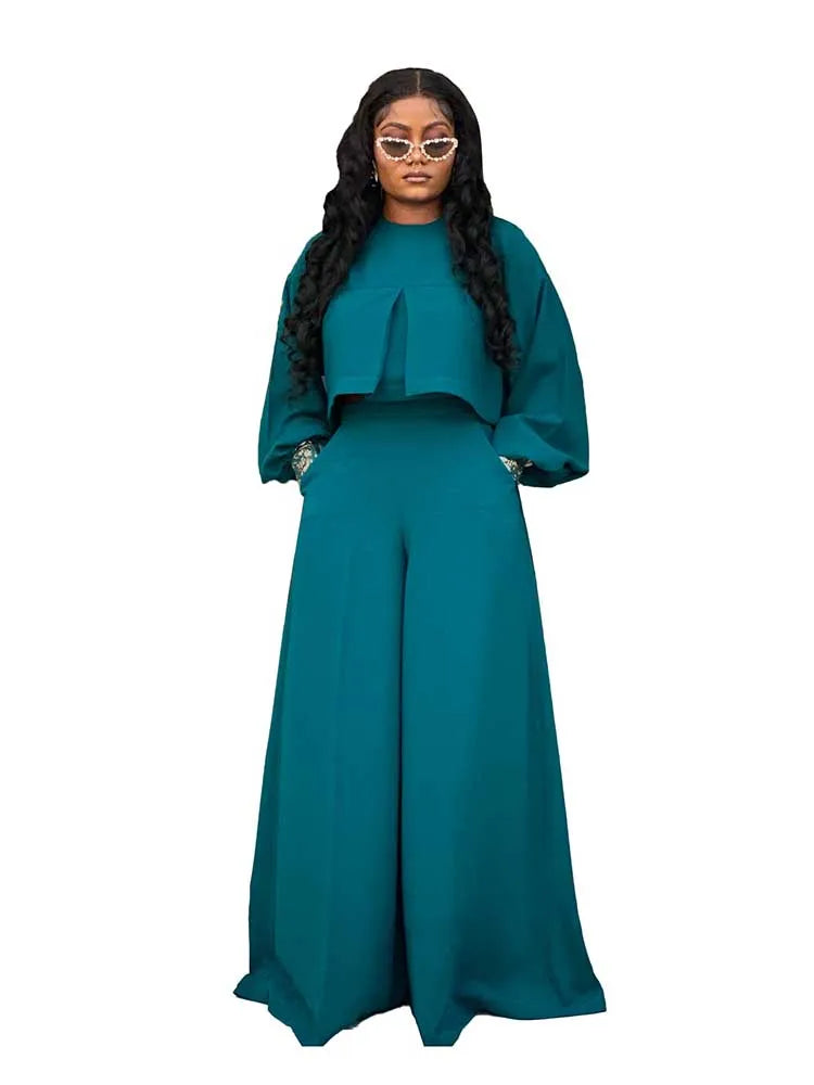 Women's Lantern Sleeve Round Neck Top and Wide Leg Pants Two-Piece Set