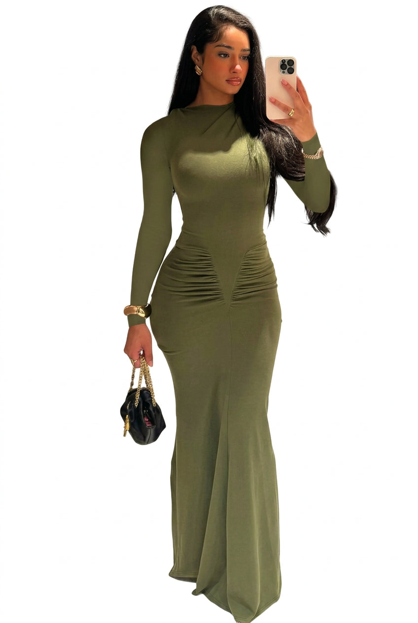 Women's Elegant Draped Long Sleeve Bodycon Maxi Dress