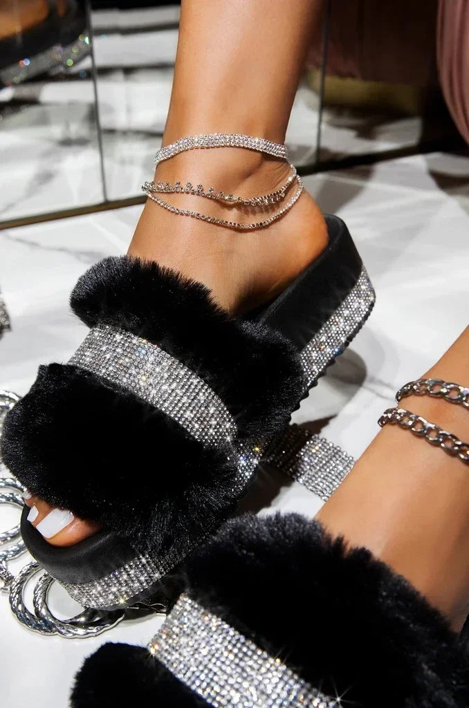 Women's Rhinestone Fur Platform Wedge Slide Sandals