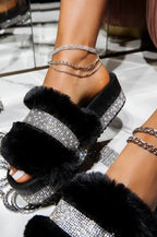 Women's Rhinestone Fur Platform Wedge Slide Sandals