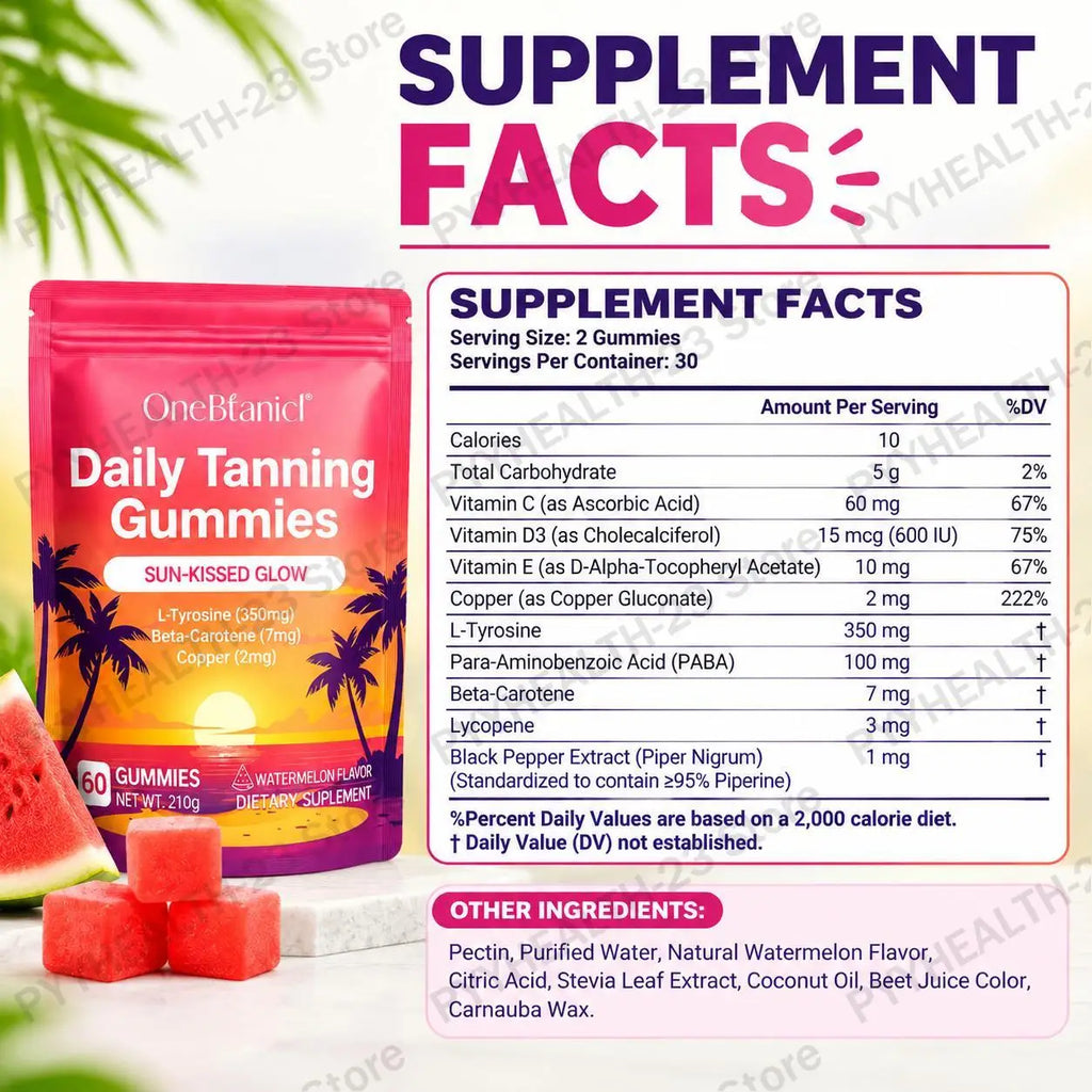 Natural Tanning Gummies L-Tyrosine Vitamin C Vegan 60 Pieces