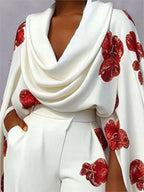 Women's Floral Print Cape Sleeve Pleated Top and Wide Leg Pants Two-Piece Set