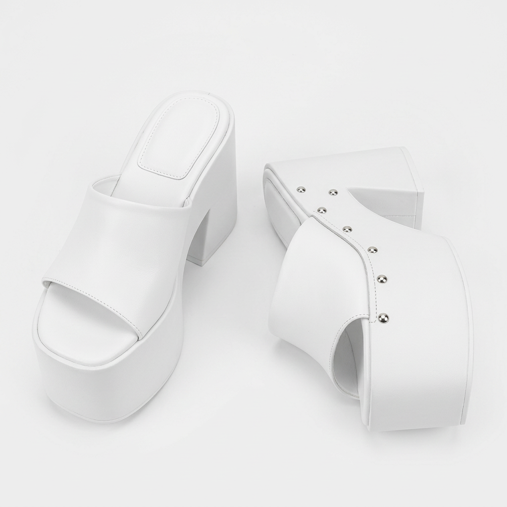 Women's Studded Platform Mules Open Toe Chunky Heel Slides