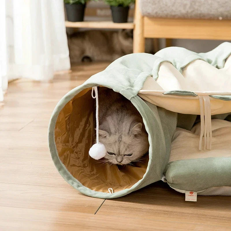 Collapsible 2-Way Cat Tunnel Bed with Mat
