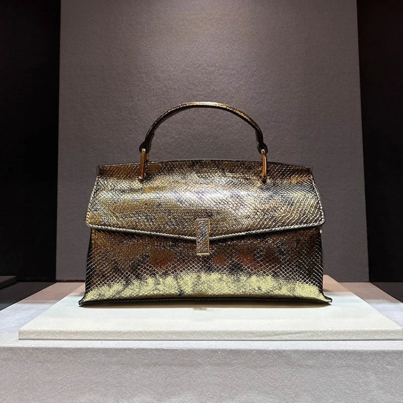 Women's Luxury Leather Snake Stitching Shoulder Handbag