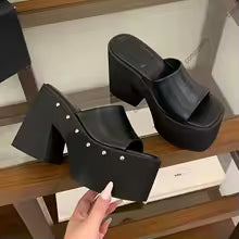 Women's Studded Platform Mules Open Toe Chunky Heel Slides